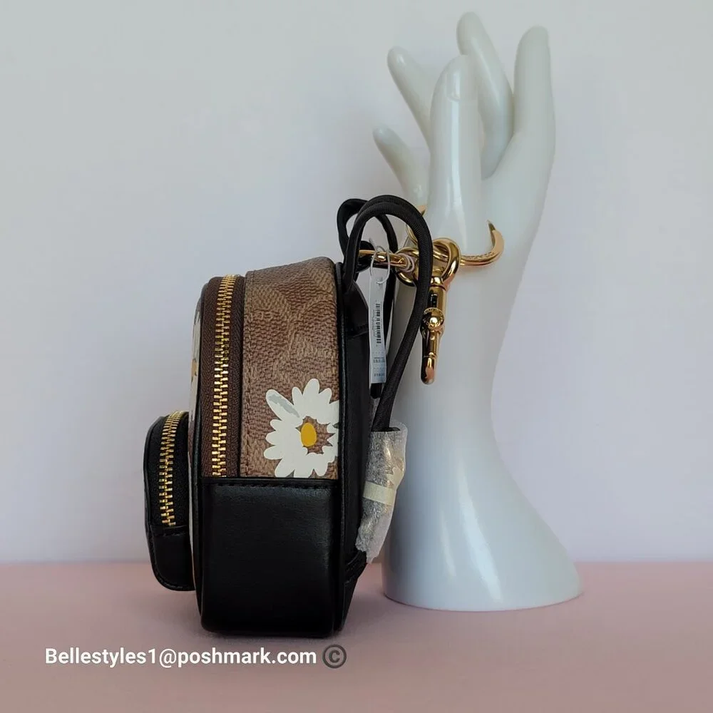 COACH Mini Court Backpack Bag Charm In Signature Canvas With Floral Print-Tan🎈⭐ - Picture 11 of 16